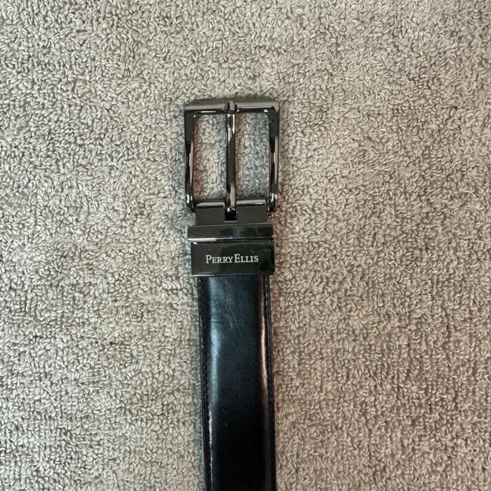 Perry Ellis Mens Reversible Leather Belt Black Brown Gunmetal Buckle Size 38